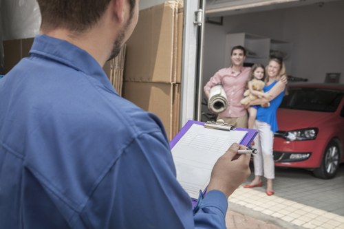 Removal team carrying furniture through a Seven Kings street